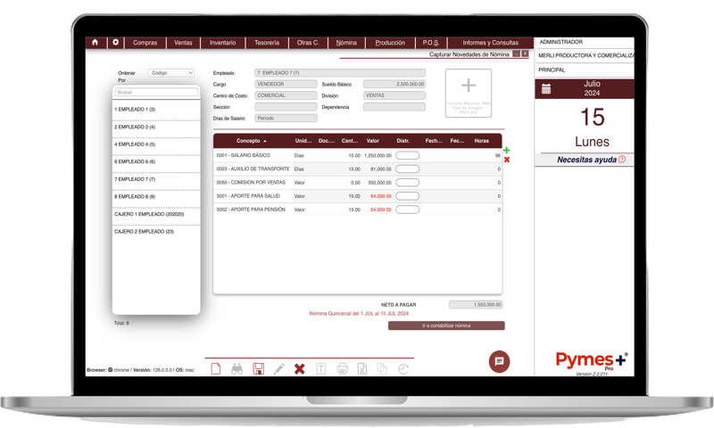 Captura de novedades de nómina en Pymes+